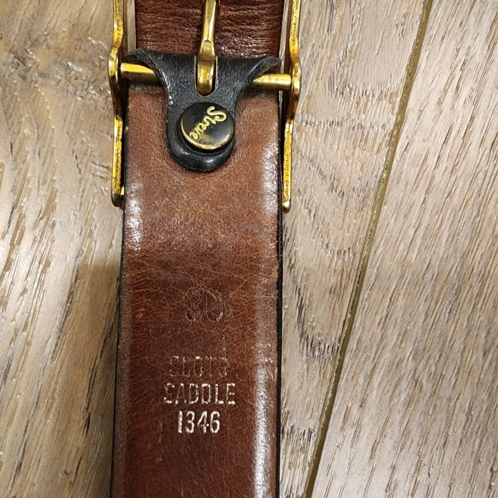 Vintage Streve Slots Saddle Leather Black Belt Brass Tone Buckle Men's size 30